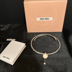 Miu Miu Silver Toned Necklace with Faux Pearl Pendant